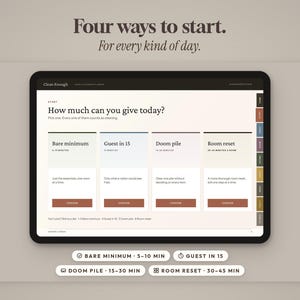 May include: A digital tablet screen displaying a task management interface titled How much can you give today? with four options: Bare minimum, Guest in 15, Doom pile, and Room reset. Each option includes a time estimate and a choose button.