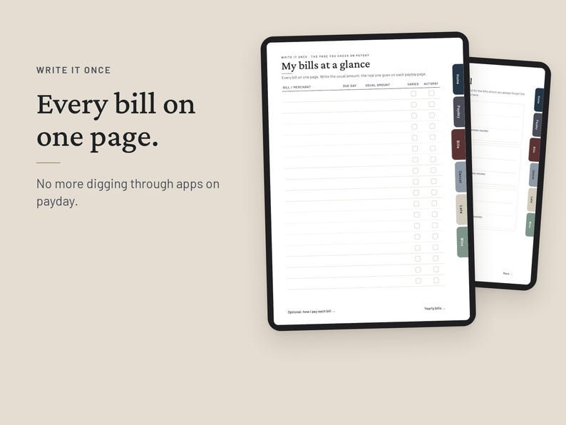 May include: A digital planner interface displayed on two screens, featuring a "My bills at a glance" template with columns for bill name, due date, and amount. The layout includes side navigation tabs in muted tones and checkboxes for tracking.