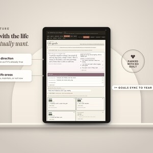 May include: A digital tablet displaying a life planning template with the text BIG PICTURE Start with the life you actually want. The screen shows sections for Life goals, Life direction, Six life areas, and a circular badge reading PARKED WITH NO GUILT.