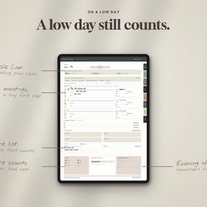 May include: A digital planner interface displayed on a tablet screen with the text 'ON A LOW DAY A low day still counts.' The layout includes sections labeled 'Circle Low', 'One must-do', 'Done list', 'Care counts', and 'Evening shutdown' with handwritten notes.
