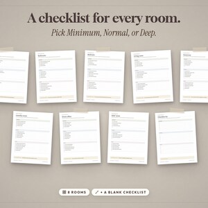 Może przedstawiać: Kolekcja dziewięciu białych papierowych list kontrolnych sprzątania dla r&oacute;żnych pomieszczeń, z tekstem A checklist for every room. Pick Minimum, Normal, or Deep. Każdy arkusz zawiera skategoryzowane zadania z polami wyboru i jasnobrązową stopką.
