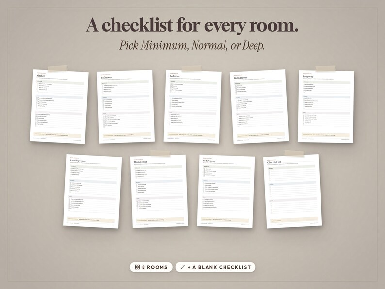 Może przedstawiać: Kolekcja dziewięciu białych papierowych list kontrolnych sprzątania dla r&oacute;żnych pomieszczeń, z tekstem A checklist for every room. Pick Minimum, Normal, or Deep. Każdy arkusz zawiera skategoryzowane zadania z polami wyboru i jasnobrązową stopką.