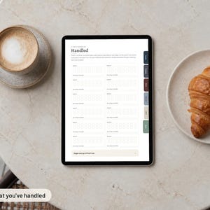 May include: A digital tablet displaying a task tracker template titled Handled, featuring a grid of circles for daily habit tracking, a sidebar with colored tabs, and a bottom text box that reads Bigger wins go in Proof box.