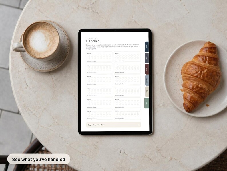 May include: A digital tablet displaying a task tracker template titled Handled, featuring a grid of circles for daily habit tracking, a sidebar with colored tabs, and a bottom text box that reads Bigger wins go in Proof box.