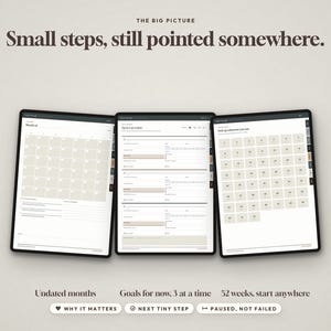 May include: Three digital planner pages displayed side-by-side. The top text reads THE BIG PICTURE and Small steps, still pointed somewhere. The pages show a monthly calendar, a goal tracker, and a 52-week grid. Bottom text includes Undated months, Goals for now, 3 at a time, 52 weeks, start anywhere, and three buttons labeled WHY IT MATTERS, NEXT TINY STEP, and PAUSED, NOT FAILED.