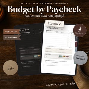May include: A digital budget planner for Goodnotes titled Budget by Paycheck, featuring light and dark mode templates with hyperlinked tabs, bill tracking sections, and interactive fields to calculate if expenses are covered until the next payday.