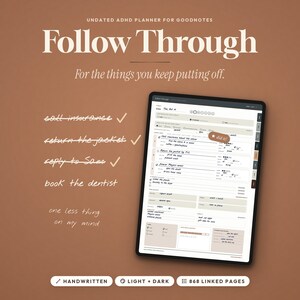 Può includere: Un'agenda digitale per Goodnotes intitolata Follow Through, caratterizzata da un'interfaccia di elenco attività con caselle di controllo, testo scritto a mano e un adesivo con l'etichetta did it. Il layout include sezioni per attività e note.