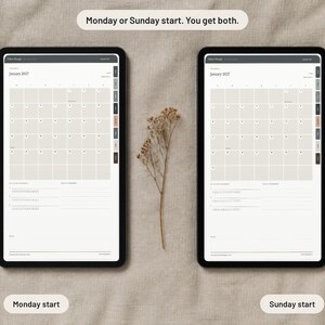 May include: Two digital tablets displaying a January 2027 calendar interface with a neutral color palette. The left screen shows a Monday start, the right shows a Sunday start. Text at the top reads: Monday or Sunday start. You get both.