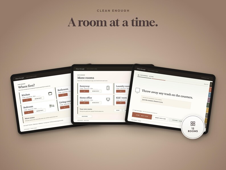May include: Three digital tablets displaying a cleaning planner interface with the text Clean Enough A room at a time. The screens show room categories like Kitchen, Bathroom, and Bedroom, with a circular badge indicating 12 ROOMS in the corner.