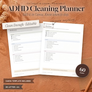 May include: An ADHD Cleaning Planner template with two white pages featuring checklists for bedroom and kitchen tasks. The text includes headings like Bedroom and Kitchen, with checkboxes and lines. A brown circular badge reads 60 pages.