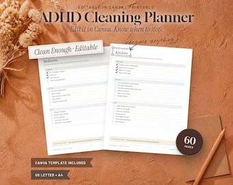 ADHD Cleaning Planner, Editable Cleaning Schedule Canva Template, Printable Cleaning Checklist & Chore Chart, Letter A4