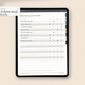 May include: A digital tablet displaying a task management planner page titled The Guilt Pile with the text Write it down once. Then decide. The interface features a list of tasks with checkboxes and circular selection buttons in a neutral color palette.