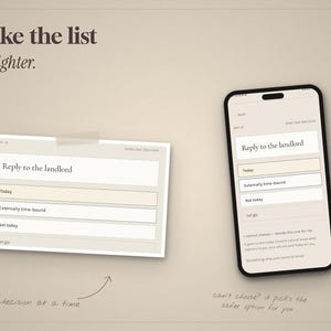 May include: A digital interface displayed on a smartphone and a rectangular card, both featuring the text Reply to the landlord, Today, Externally time-bound, Not today, and Let go. The design uses a beige color palette with dark text.