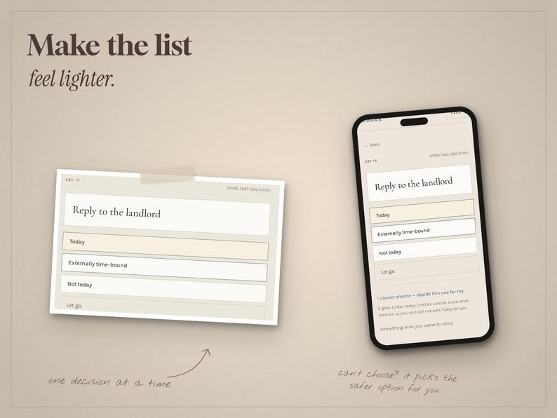 May include: A digital interface displayed on a smartphone and a rectangular card, both featuring the text Reply to the landlord, Today, Externally time-bound, Not today, and Let go. The design uses a beige color palette with dark text.