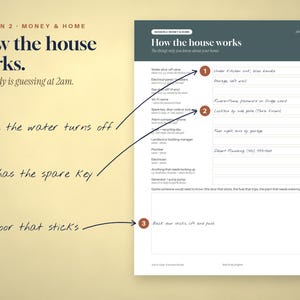 May include: A printed document titled How the house works with a list of home maintenance details. It includes numbered sections for water shut-off, spare keys, and door issues, with handwritten notes and arrows pointing to specific form fields.