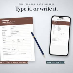 May include: A digital and printable medical information form titled My medical basics, featuring fields for personal health details. The set includes a smartphone displaying the PDF, a physical paper version, and a dark blue stylus pen for writing.