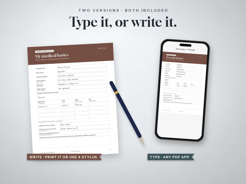 May include: A digital and printable medical information form titled My medical basics, featuring fields for personal health details. The set includes a smartphone displaying the PDF, a physical paper version, and a dark blue stylus pen for writing.