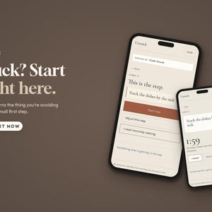 May include: Two smartphones display the Unstick app interface against a dark brown background. The screens show task management text including 'Stuck? Start right here', 'Stack the dishes by the sink', and a timer counting down from 1:59.
