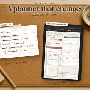 May include: A digital tablet displaying an execution planner interface alongside a handwritten paper list with tasks. The text reads A planner that changes when your day does, A static list, The execution planner, rewrite it again, and move it, don't rewrite it.
