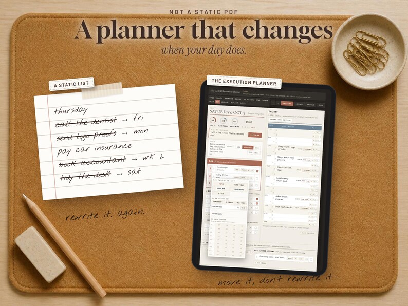 May include: A digital tablet displaying an execution planner interface alongside a handwritten paper list with tasks. The text reads A planner that changes when your day does, A static list, The execution planner, rewrite it again, and move it, don't rewrite it.