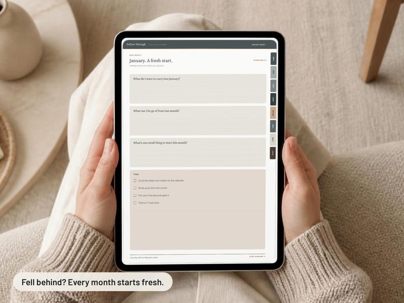 May include: A digital tablet displaying a monthly planner interface with the text January. A fresh start. The screen features structured input fields for monthly goals and reflection, with a sidebar navigation menu containing colored tabs.