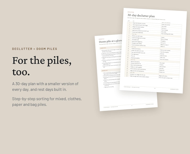 May include: A 30-day declutter plan document featuring a list of daily tasks and a doom pile sorting guide. The text includes 'DECLUTTER + DOOM PILES', 'For the piles, too.', '30-day declutter plan', and 'Doom pile at a glance' on a beige background.