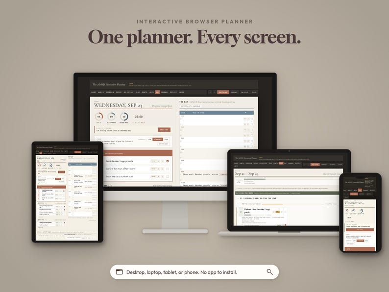 May include: An interactive browser planner displayed on a desktop monitor, a laptop, a tablet, and a smartphone. The screens show a digital calendar interface with the text "INTERACTIVE BROWSER PLANNER One planner. Every screen." and "Desktop, laptop, tablet, or phone. No app to install."