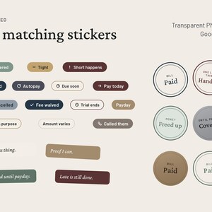 May include: A collection of 80 digital stickers for Goodnotes featuring rectangular and circular shapes in muted earth tones. The stickers display financial phrases such as Paid, Autopay, Due soon, Fee waived, and Covered, with various icons.