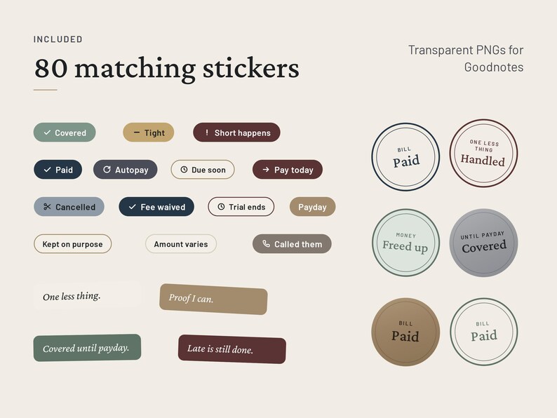 May include: A collection of 80 digital stickers for Goodnotes featuring rectangular and circular shapes in muted earth tones. The stickers display financial phrases such as Paid, Autopay, Due soon, Fee waived, and Covered, with various icons.