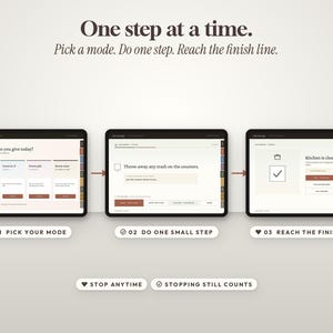 May include: A digital interface display showing a three-step process titled One step at a time. The screens illustrate picking a mode, performing one small step, and reaching the finish line, with additional text labels for stopping anytime.