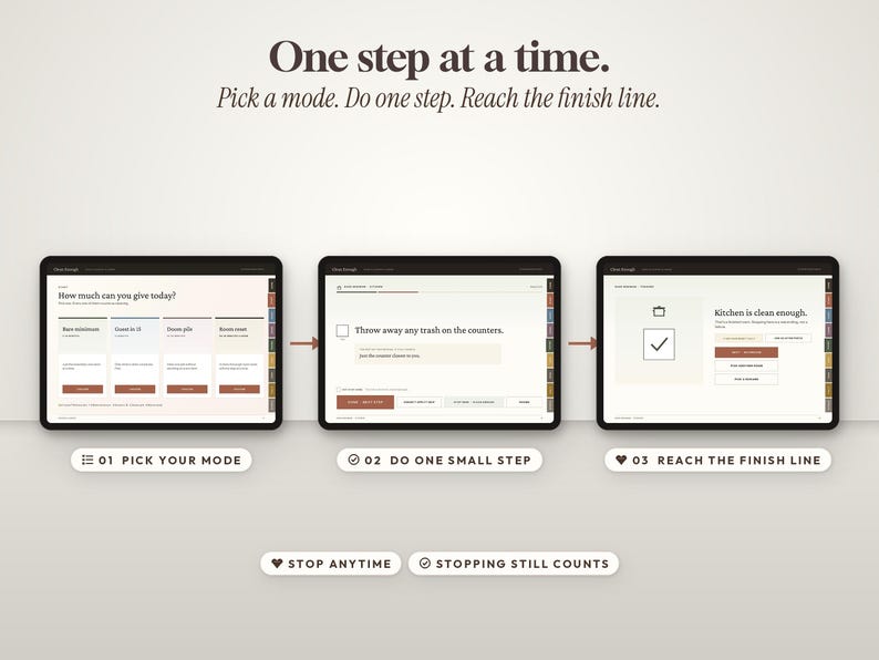 May include: A digital interface display showing a three-step process titled One step at a time. The screens illustrate picking a mode, performing one small step, and reaching the finish line, with additional text labels for stopping anytime.