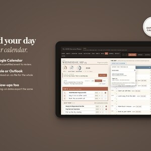May include: A digital planner interface displayed on a tablet screen, featuring a daily schedule, task lists, and an export menu. Text includes 'Send your day to your calendar', 'Google Calendar', 'Apple or Outlook', and 'Follow-ups too'.