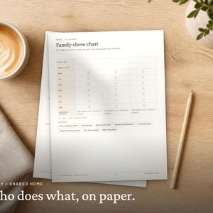 May include: A white paper family chore chart with a grid layout for daily and weekly tasks, featuring columns for three people, checkboxes for each day of the week, and a section for job ideas including setting the table and watering plants.