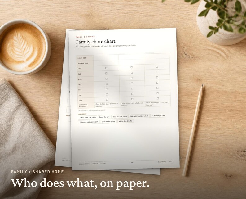 May include: A white paper family chore chart with a grid layout for daily and weekly tasks, featuring columns for three people, checkboxes for each day of the week, and a section for job ideas including setting the table and watering plants.