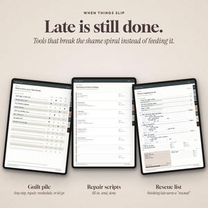 May include: Three digital tablet screens displaying productivity planners with the text 'WHEN THINGS SLIP Late is still done.' The screens show lists titled 'Guilt pile', 'Repair scripts', and 'Rescue list' with checkboxes and lines for task management.
