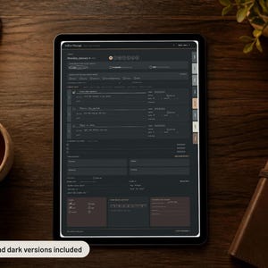 May include: A digital tablet displaying a dark-themed daily planner interface with sections for tasks, notes, and habit tracking. The screen shows the text Follow Through, Monday, January 4, and Light and dark versions included at the bottom.