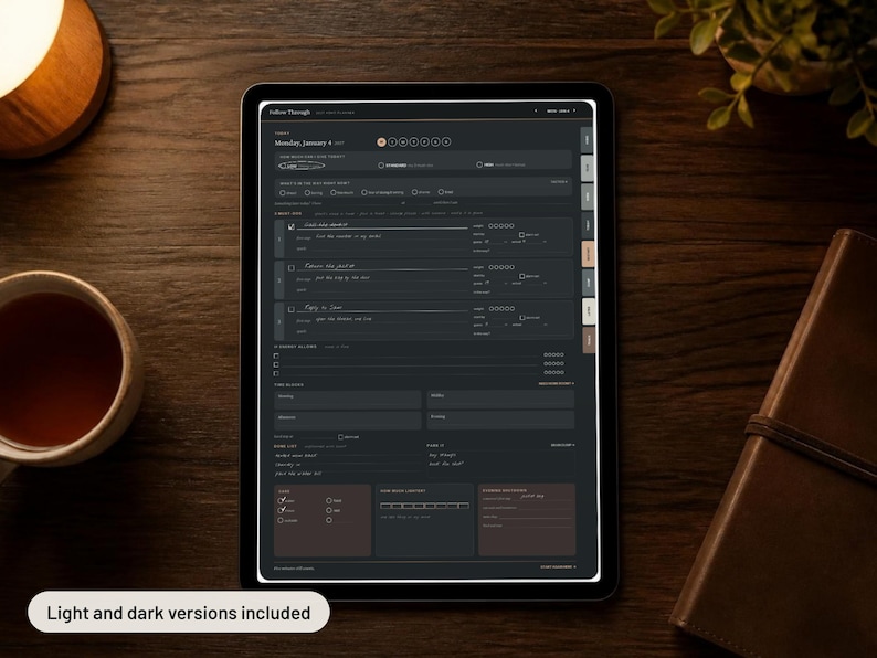 May include: A digital tablet displaying a dark-themed daily planner interface with sections for tasks, notes, and habit tracking. The screen shows the text Follow Through, Monday, January 4, and Light and dark versions included at the bottom.