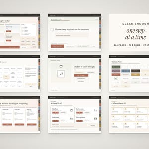 May include: A digital planner titled Clean Enough with 246 pages, 12 rooms, and 27 stickers. The layout features multiple screens including a cleaning bingo card, task lists, and sticker sheets with a neutral color palette of cream, brown, and black.