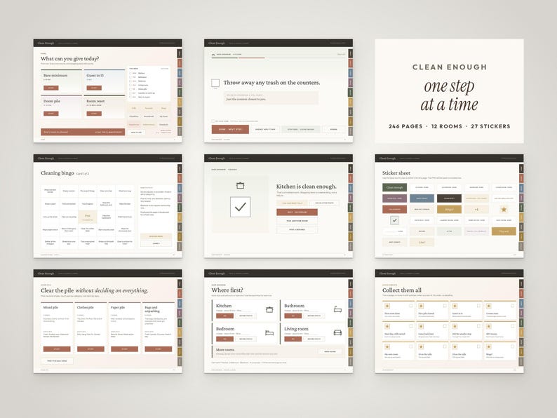 May include: A digital planner titled Clean Enough with 246 pages, 12 rooms, and 27 stickers. The layout features multiple screens including a cleaning bingo card, task lists, and sticker sheets with a neutral color palette of cream, brown, and black.