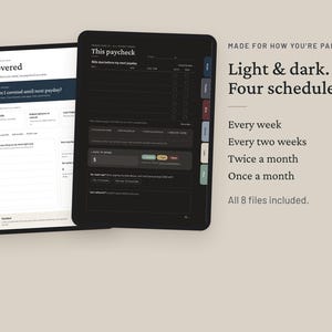 May include: Two digital tablet screens displaying financial planning templates. The left screen shows a light-themed budget layout titled Covered. The right screen shows a dark-themed paycheck tracker with tabs. Text reads: Made for how you're paid. Light & dark. Four schedules. Every week, Every two weeks, Twice a month, Once a month. All 8 files included.