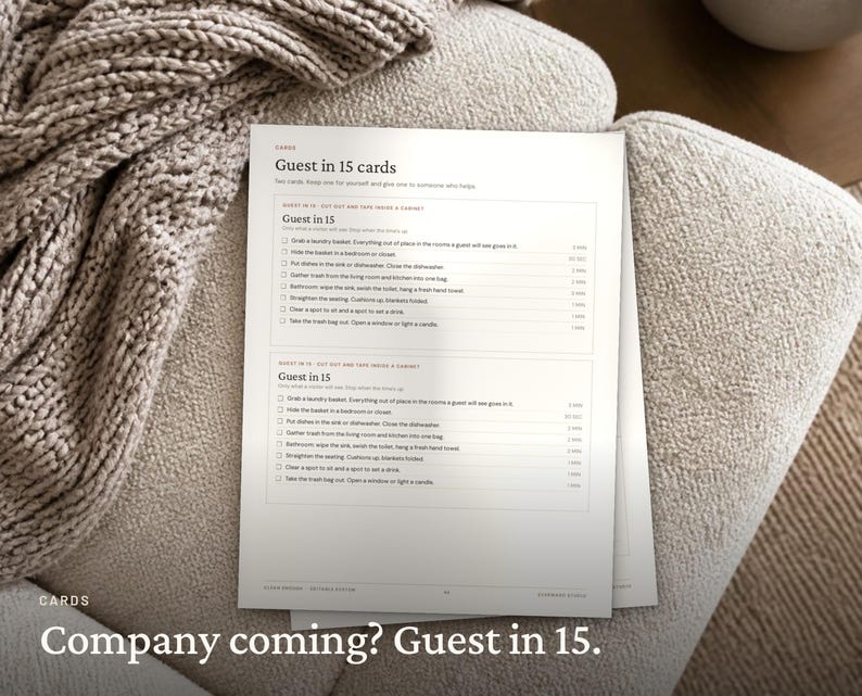 May include: A white paper sheet featuring two identical checklists titled Guest in 15 cards. Each list includes tasks like grab a laundry basket, hide the basket, put dishes in the sink, gather trash, wipe the sink, straighten seating, and clear a spot.