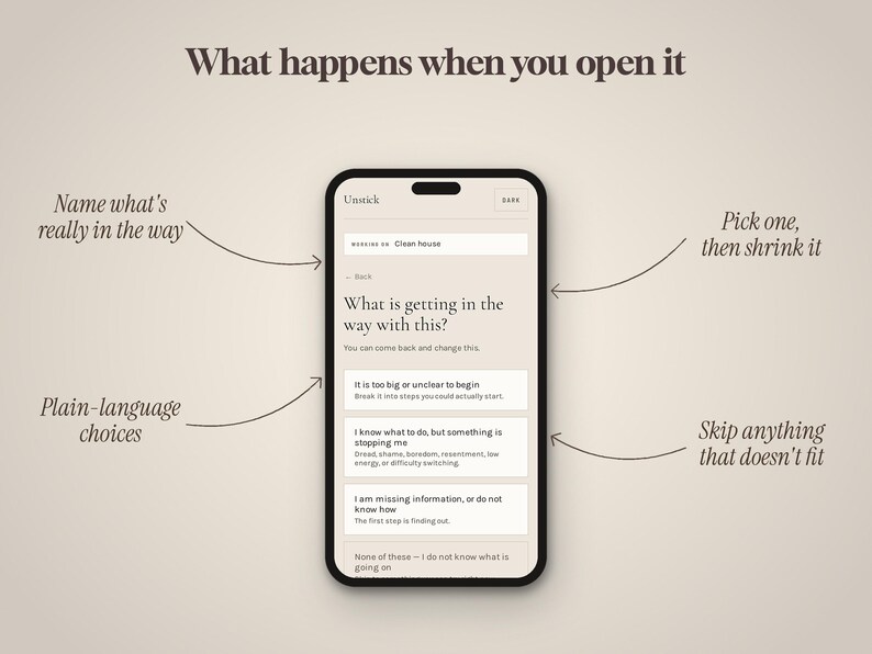 May include: A smartphone displaying the Unstick app interface with the heading What happens when you open it. The screen shows the text What is getting in the way with this? and lists multiple choice options including It is too big or unclear to begin, I know what to do, but something is stopping me, and I am missing information, or do not know how.