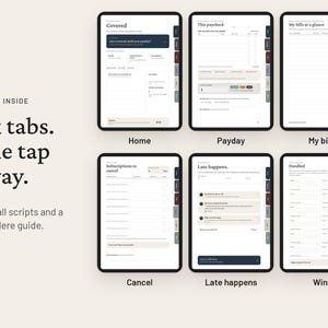 May include: A digital financial planner interface featuring six distinct sections labeled Home, Payday, My bills, Cancel, Late happens, and Wins. Each section includes organized fields for tracking income, expenses, subscriptions, and bill payments.