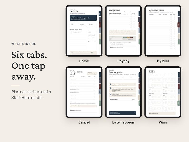 May include: A digital financial planner interface featuring six distinct sections labeled Home, Payday, My bills, Cancel, Late happens, and Wins. Each section includes organized fields for tracking income, expenses, subscriptions, and bill payments.