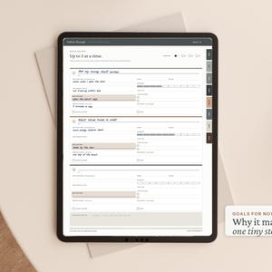 May include: A digital tablet displaying a goal-tracking planner interface with the text 'Up to 3 at a time' and 'GOALS FOR NOW Why it matters, one tiny step.' The screen features structured sections for daily habits, progress bars, and checkboxes.