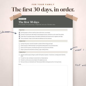 May include: A printed checklist titled The first 30 days, in order, designed for family use. The document features sections for Days 1 to 3, Weeks 1 to 2, and Weeks 3 to 4, with checkboxes for tasks. Handwritten notes include day 1: who to call, week 1: bills, and tick what's done.
