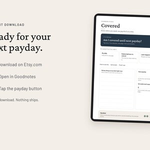 May include: A digital financial planner displayed on a tablet screen with the title Covered. The interface features sections for bills, subscriptions, and payday tracking with a dark blue header and tabbed navigation on the right side of the screen.