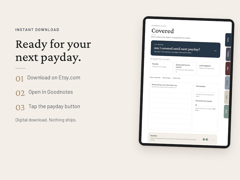 May include: A digital financial planner displayed on a tablet screen with the title Covered. The interface features sections for bills, subscriptions, and payday tracking with a dark blue header and tabbed navigation on the right side of the screen.