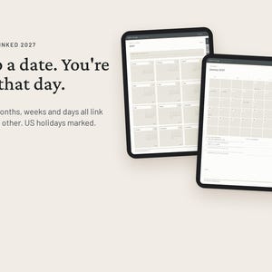 May include: Two digital tablets displaying a 2027 hyperlinked calendar planner. The screen shows a monthly grid layout with US holidays marked. Text on the left reads: HYPERLINKED 2027. Tap a date. You're on that day. Year, months, weeks and days all link.