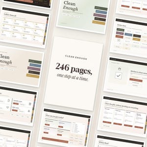 May include: A digital planner layout titled Clean Enough with 246 pages, one step at a time. The collection features various templates for home organization, including task lists, sticker sheets, and room-specific checklists in a neutral color palette.